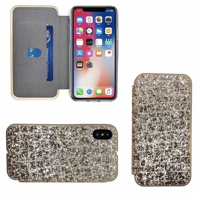 IPHONE XS SHINY 3 BOOK CASE GOLD
