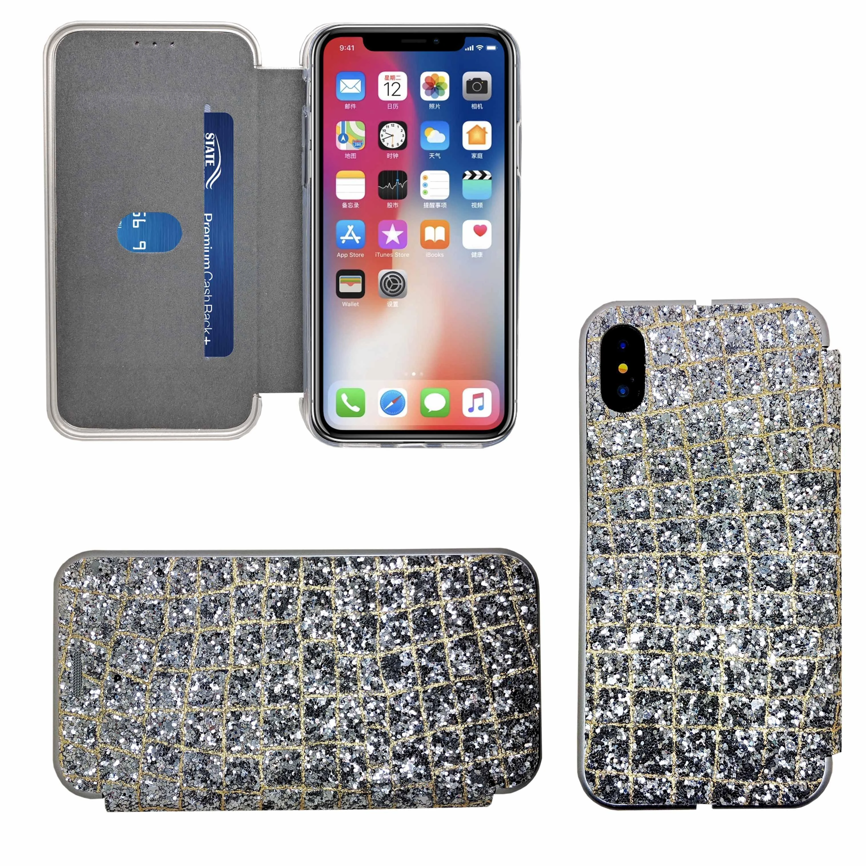 IPHONE XS SHINY 3 BOOK CASE SILVER