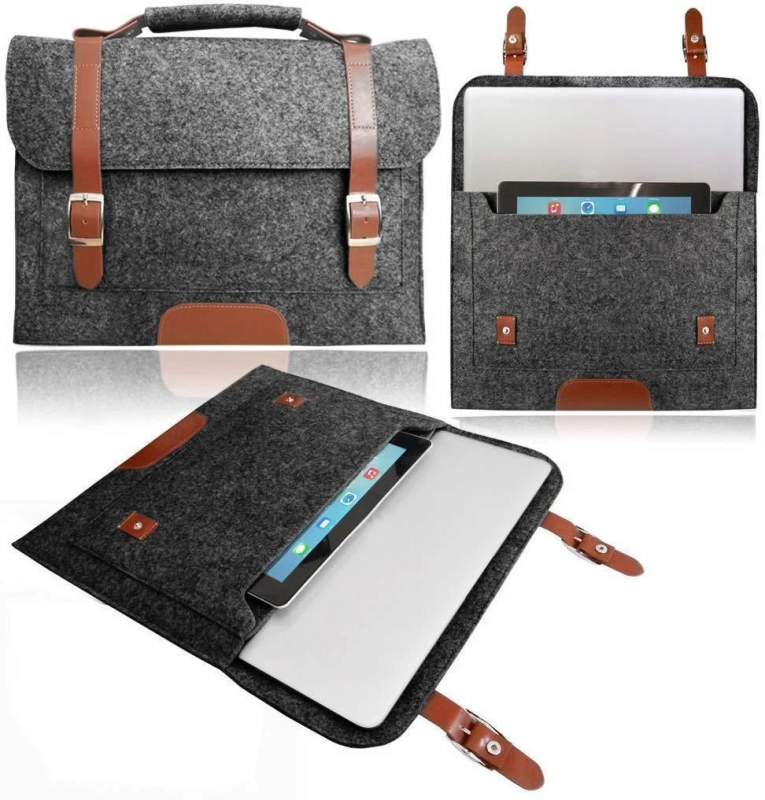 MacBook Laptop Felt Leather Strap BAG with HANDLE, Carrying Case 11 inch dark gray