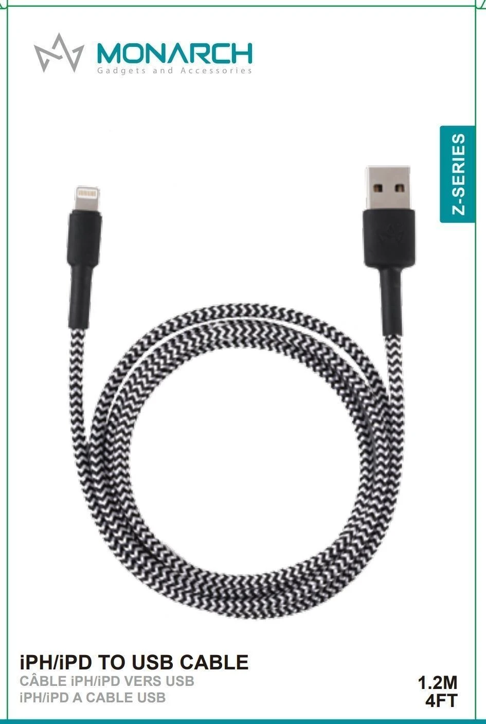Monarch Iphone Cable Z Series 1.2 METER Black/White