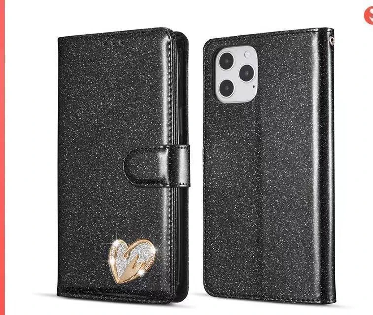 IPHONE 14 SHINY BOOK CASE WITH HEAR BLACK