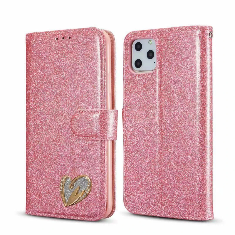 IPHONE 14 SHINY BOOK CASE WITH HEART PINK