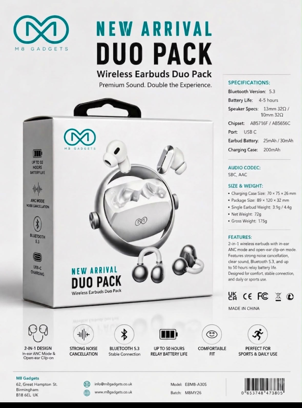 M8 A30S 2IN1 EARBUD 360 SPINE WHITE