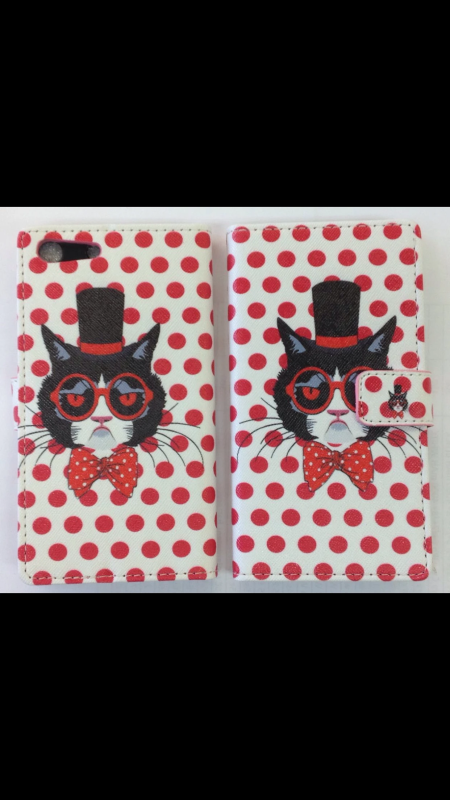 SONY XPERIA M4 CAT PRINTED BOOK CASE WITH RED POLKA DOTS